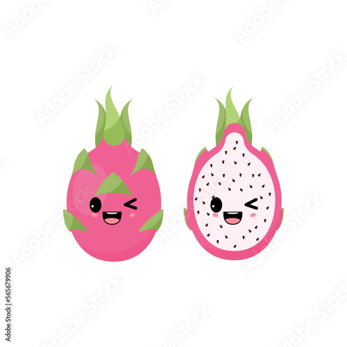 Frisky dragon fruit with kawaii emoji. Flat design vector illustration of dragon fruit on white background
