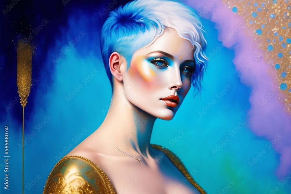 portrait of a woman art fluid blue light Non-existent person in generative AI digital illustration