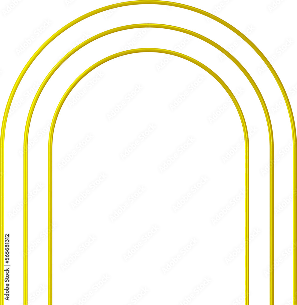 Golden arches. Thin rounded luxury metal frames as podium edging, shiny door, geometric border, elegant stage decoration Golden arches. Thin rounded luxury metal frames as podium edging, shiny door, geometric border, elegant stage decoration
