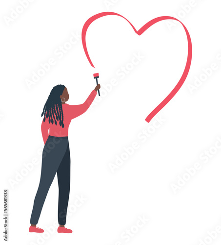 Valentine's day illustration. Young black woman draws a red heart. Vector illustration