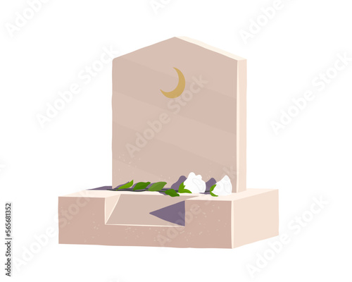 Cemetery. Muslim tombstone. Grave. Flowers on a stone. White bouquet. Vector illustration.