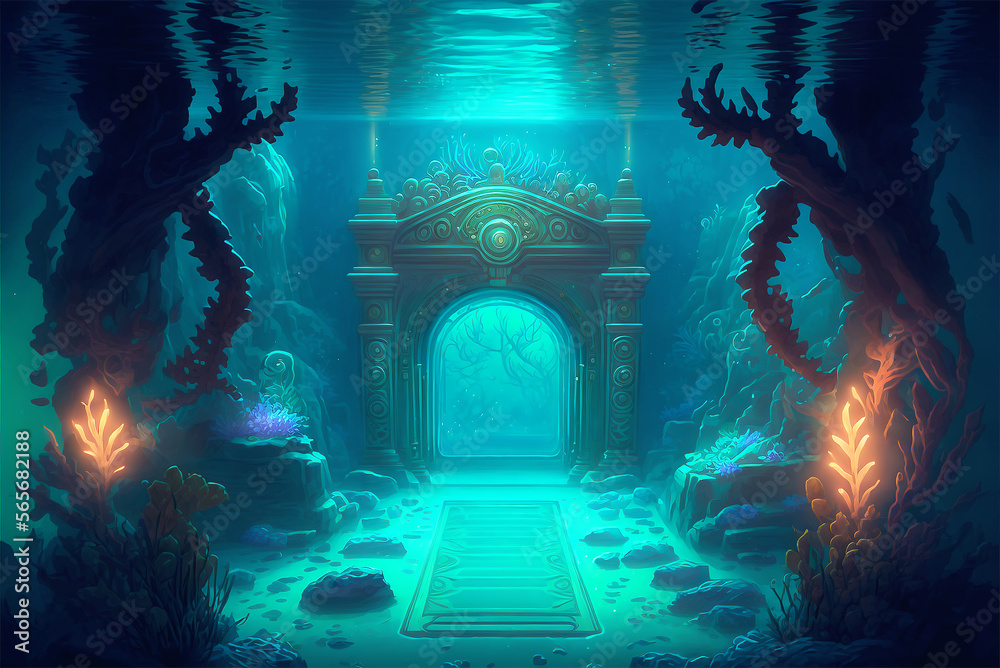Underwater god's temple gate background. Concept art illustration of a