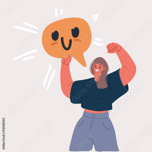 Vector illustration of women holding speech bubble with positive facing emotion. Happy client, good feedback.