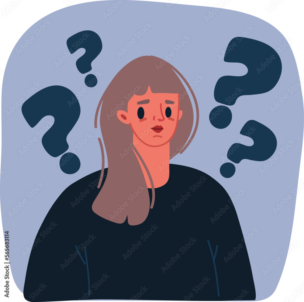 Cartoon vector illustration of woman and Question mark arround. Cartoon vector illustration of woman and Question mark arround.