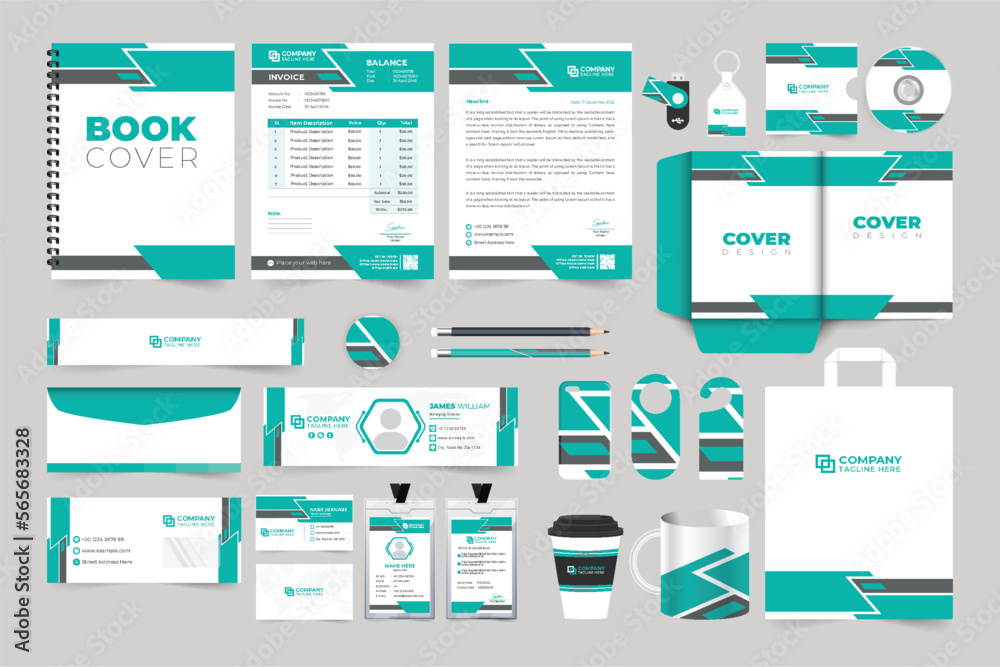 Company brand identity and promotional template collection with aqua color. Business letterhead, invoice, and envelope design for advertisement. Corporate ID card and office stationery design.