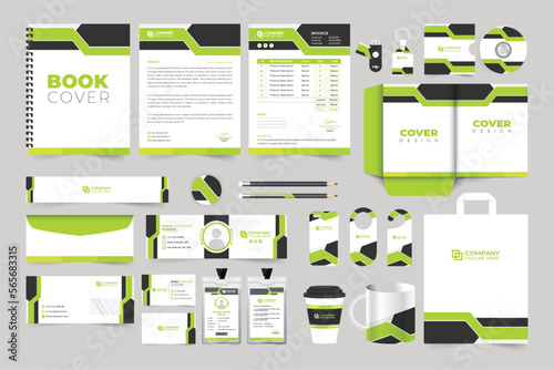 Business brand identity template collection for stationery. Modern company promotional letterhead, invoice, and book cover design vector. Corporate identity office stationery design for marketing.