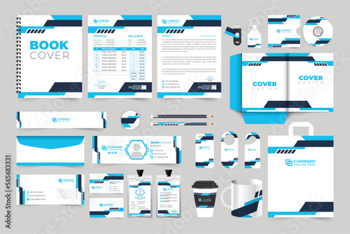 Modern business advertisement stationery set design with blue and dark colors. Corporate identity template with creative shapes. Brand promotion and identity invoice, letterhead, and envelope design.