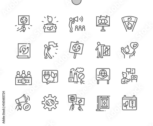 Ecology protest. Stop global warming. Ecology public concern. Renewable energy. Pixel Perfect Vector Thin Line Icons. Simple Minimal Pictogram