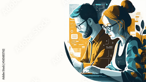 man and woman are working by laptop art
