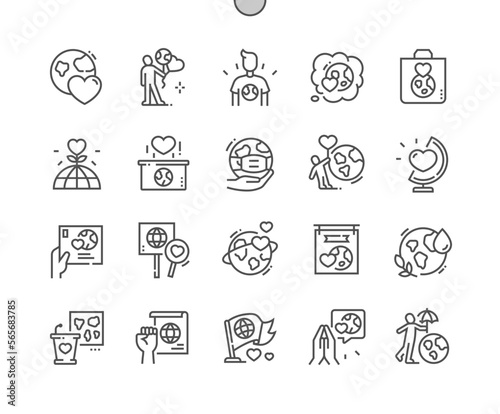 World love. Pray for earth. Go green. Volunteer, charity and donation. Pixel Perfect Vector Thin Line Icons. Simple Minimal Pictogram