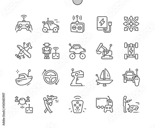Rc toys. Remote control car. Transmitter. Rc drone. Pixel Perfect Vector Thin Line Icons. Simple Minimal Pictogram