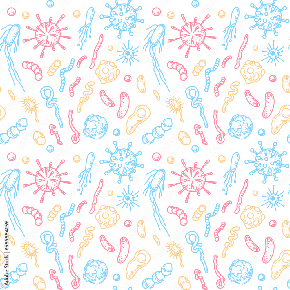 Bacteria and virus seamless pattern. Scientific vector illustration in sketch style. Doodle background