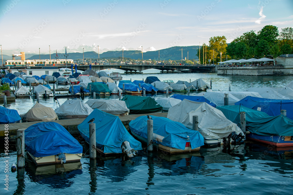 Boats are covered and docked in a bay in Zurich, Switzerland at sunset during the summer
