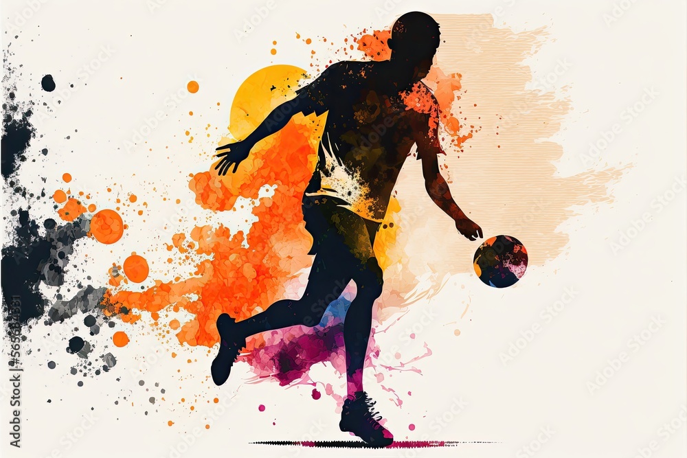 Illustration made with rainbow watercolors silhouett, soccer player. Generative AI