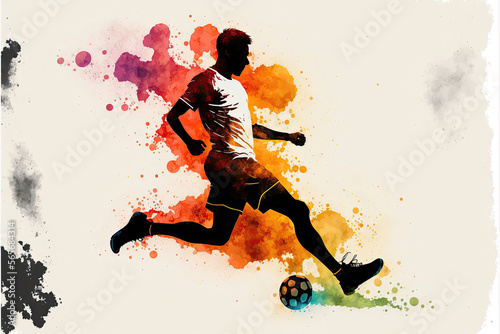Illustration made with rainbow watercolors silhouett, soccer player. Generative AI © AdriFerrer