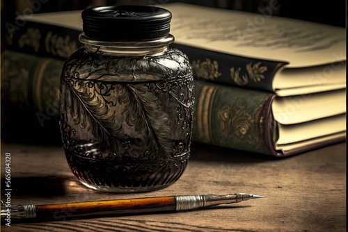 closeup of vintage quill pen and ink jar on wooden tab