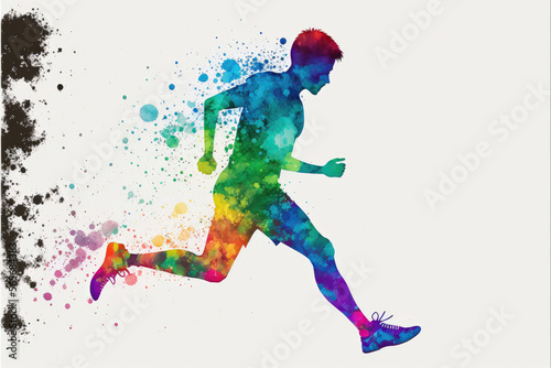 Illustration made with rainbow watercolors solhouett, male running. Generative AI