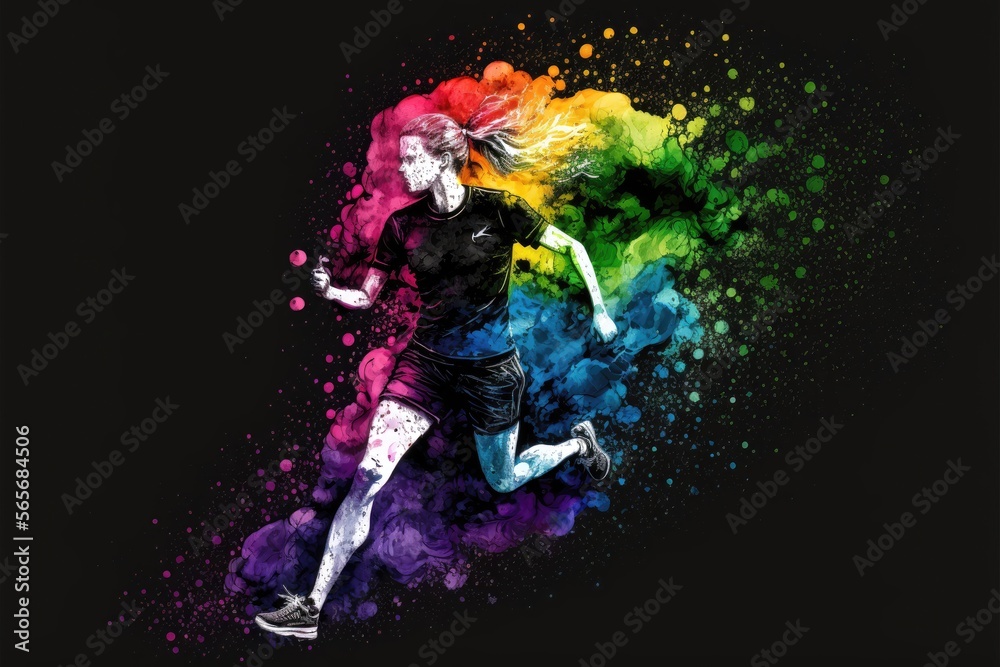 Illustration made with rainbow watercolors solhouett, male running. Generative AI
