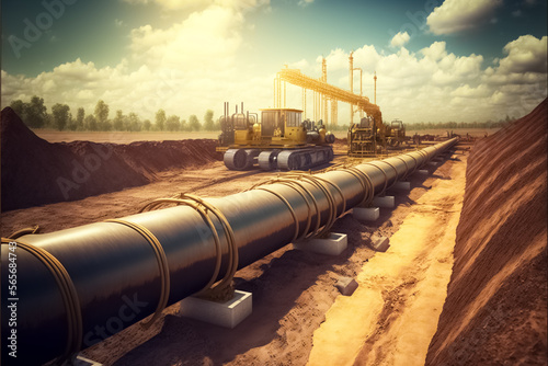 Natural gas pipeline construction work. A dug trench in the ground, construction site. Installation of industrial gas and oil pipes. generative AI