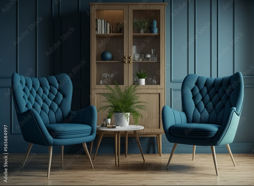 Modern cozy living room and blue wall tone texture, two armchairs, scandinavian style. generative AI

