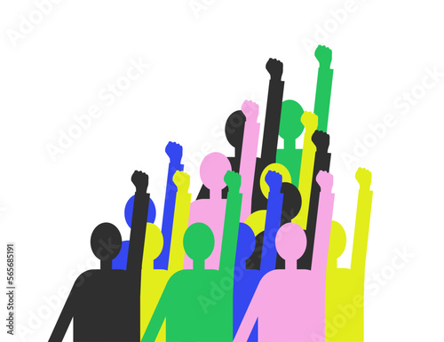 A group of people of different colors raised their hands with fists up. The concept of victory, unity, revolution, struggle, cooperation. Flat illustration. Isolated background