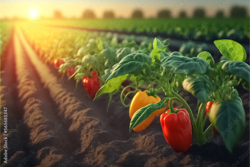 Background with a field of bell pepper plantations. Growing, harvesting