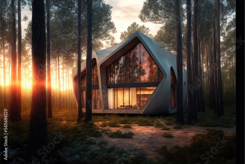 Architectural photography of a minimalist contemporary house on the forest. Generative AI