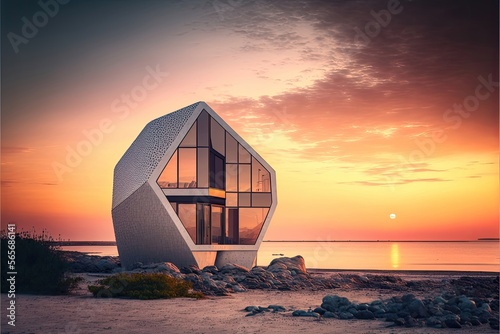 Architectural photography of a minimalist contemporary house on the beach. Generative AI © AdriFerrer