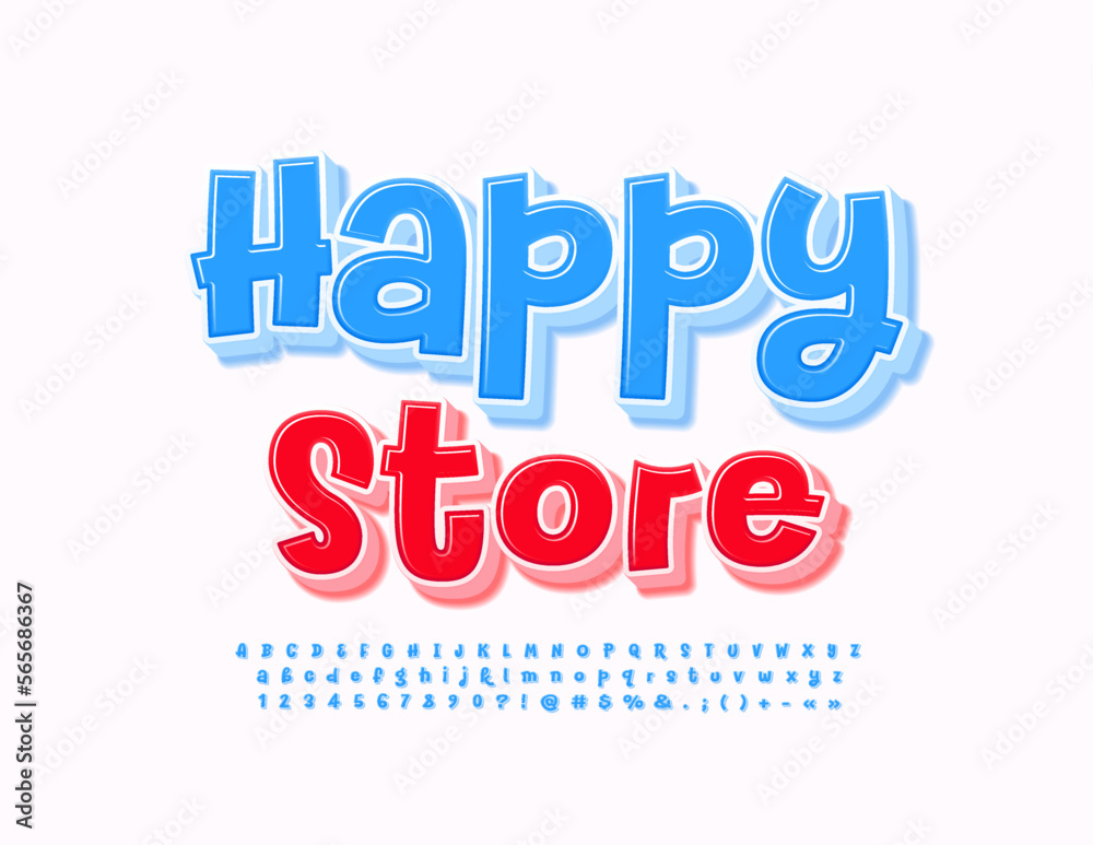 Vector bright Banner Happy Store. bright Blue 3D Font. Creative handwritten Alphabet Letters and Numbers
