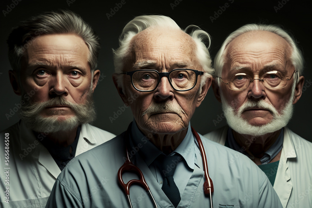 Portrait of professor sergery senior medical doctors team on dark background,generative ai. Portrait of professor sergery senior medical doctors team on dark background,generative ai.