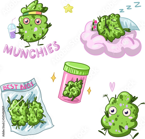 A set of cute marijuana characters. cannabis is funny. weed marijuana vector
