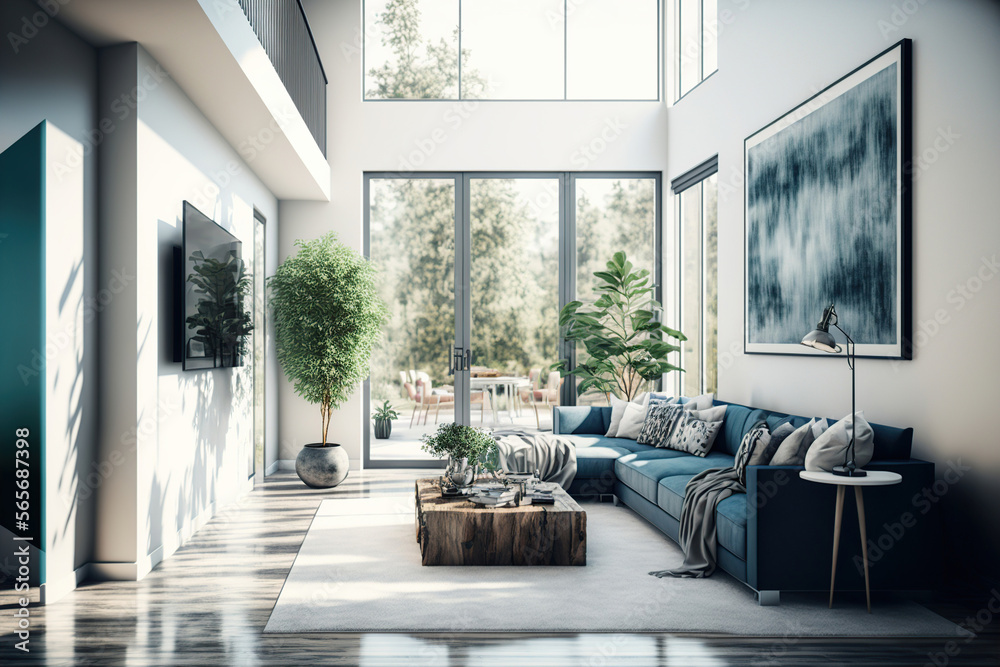 Fototapeta premium Large, modern and stylish living room with a view, AI generated