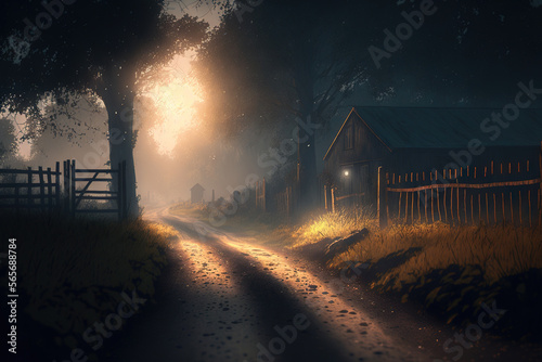 Cinematic atumn colorful sunset in the village, road. Unreal engine photo