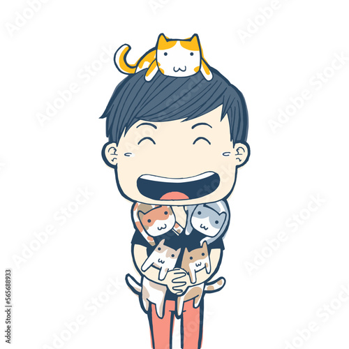 happy young man playing with cats in flat cartoon style