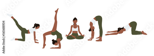 Five different yoga pilates positions set on white background. Black afro american women in white top t-shirt and blue leggings
