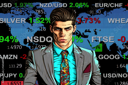 young cartoon comix businessman standing in front of a real stock market wold map chart - new quality creative financial business stock image design
