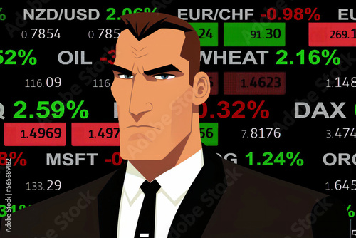 young cartoon comix businessman standing in front of a real stock market chart - new quality creative financial business stock image design