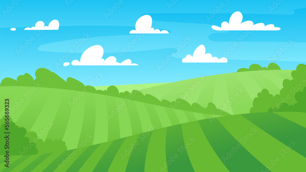 Spring green hills landscape. Farm, agriculture and garden. Vector illustration of garden work, garden beds, planting seedlings rise, trees and nature. Drawing for a poster, postcard or background. 