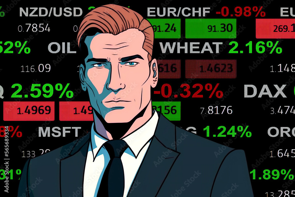 young cartoon comix businessman standing in front of a real stock market chart - new quality creative financial business stock image design young cartoon comix businessman standing in front of a real stock market chart - new quality creative financial business stock image design