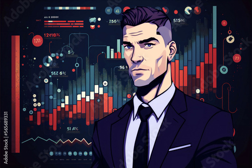 young cartoon comix businessman standing in front of a real market chart - new quality creative financial business stock image design