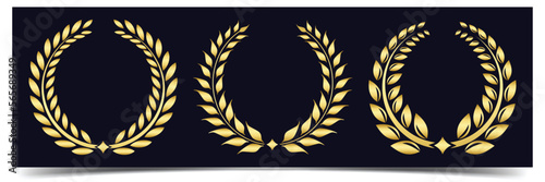 Golden laurel wreath. Gold award laurel wreath on dark background. Golden silhouette laurel foliate wreaths award, heraldic trophy crest, achievement, heraldry, nobility. Vector illustration.