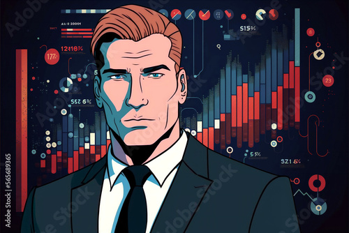 young cartoon comix businessman standing in front of a real market chart - new quality creative financial business stock image design
