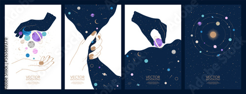 Collection of esoteric mystery magic cards and posters. Hand drawn mysterious vector illustrations. Space, astrology, occultism and alchemy concept.