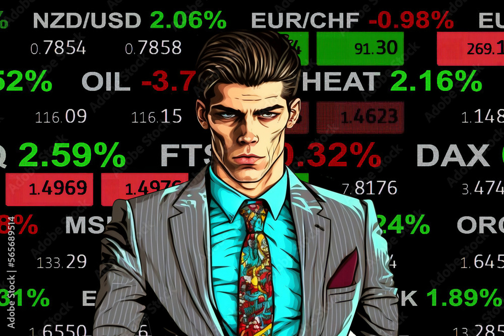 young cartoon comix businessman standing in front of a real stock market chart - new quality creative financial business stock image design young cartoon comix businessman standing in front of a real stock market chart - new quality creative financial business stock image design