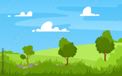 Vector illustration of beautiful summer landscape fields  trees  green hills  tall grass  blue sky bright color  clouds country background in flat banner cartoon style.