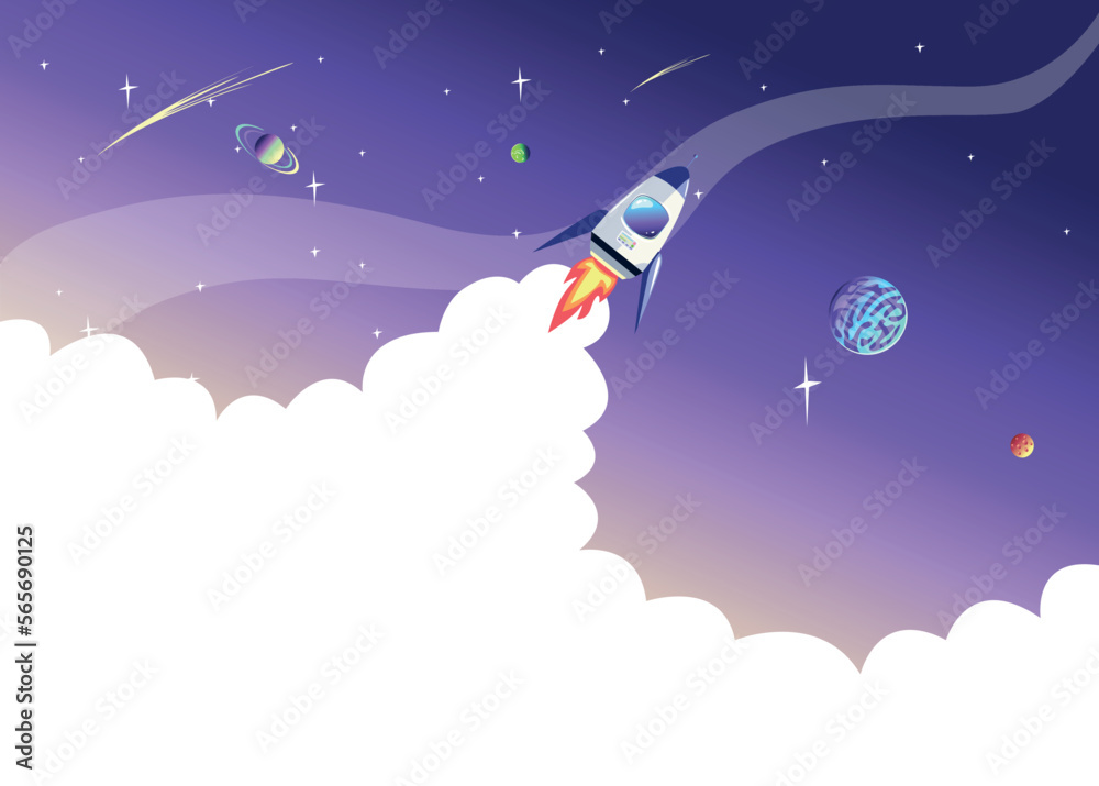 Obraz premium Rocket launch. Vector illustration of space travel and research. Project launch. Background illustration in cartoon style.
