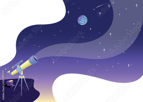 Telescope in the night sky in cartoon style. Space exploration. Vector illustration on the background of the starry sky.