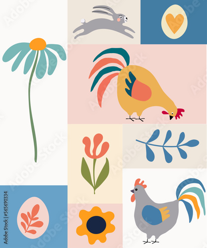 Easter card with chicken, easter eggs, simple flowers and rabbit in cartoon style. For posters, greeting card, banner, textile print, scrapbook.