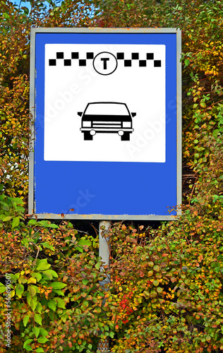 taxi transport sign on metal pylon and leafs, stop passenger car station, transportation diversity