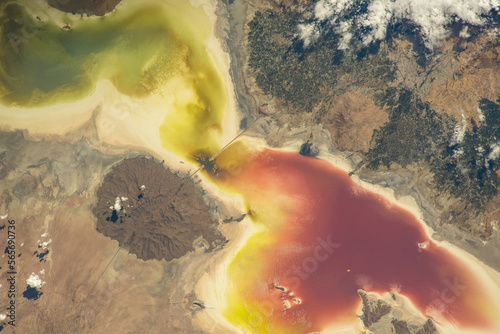Lake Urmia in northwest Iran. Earth landscape. Abstract colorful shapes of earth. Elements of this image furnished by NASA photo